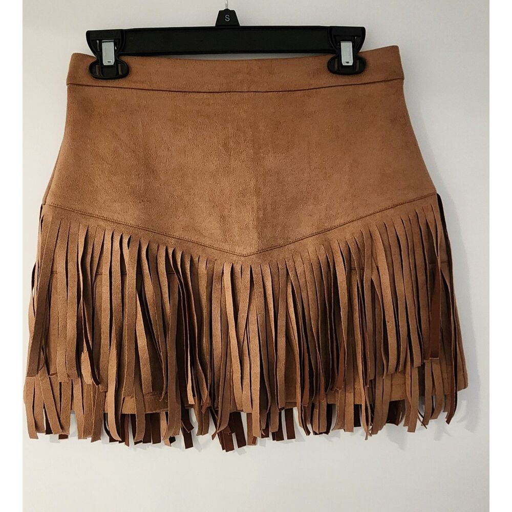 Women's Brown Faux Suede Fringe Mini Skirt Size Small S Western Boho Cowgirl